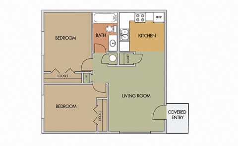 Two Bedroom One Bathroom Floorplan at Via Alamos Apartments in Green Valley